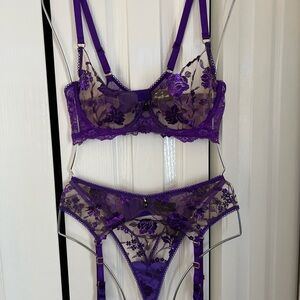 Honey Birdette Purple Floral Embroidered Sheer Bra & Garter Brief Set